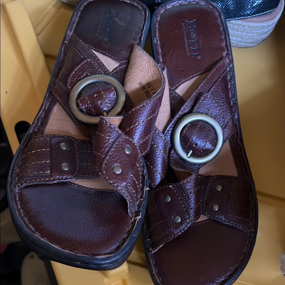 Brown Leather Slide Sandals with Buckle